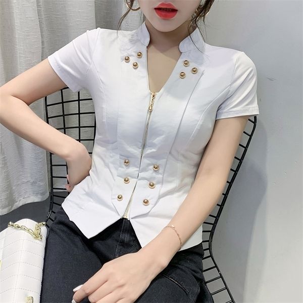 

summer korean clothes t-shirt vintage zipper women ropa mujer shirt short sleeve button tees new black white 210317