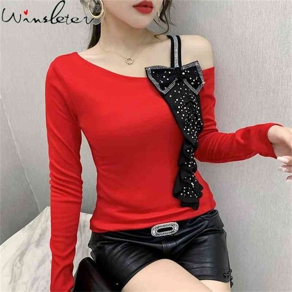 

autumn winter korean style t-shirt fashion dissymmetry patchwork bowknot diamonds women ropa mujer cotton tees t08512l 210324, White