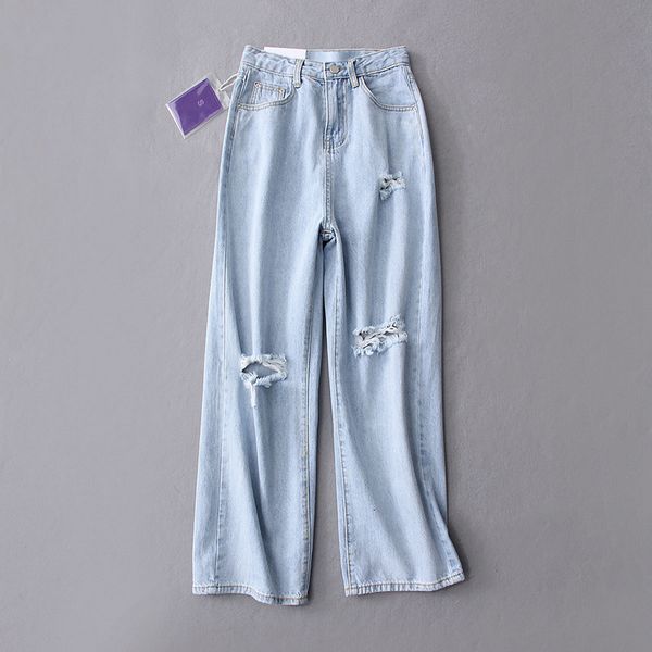

jeans b3616 women's fashion high waist holed wide leg pants for women in spring of 2021, Blue