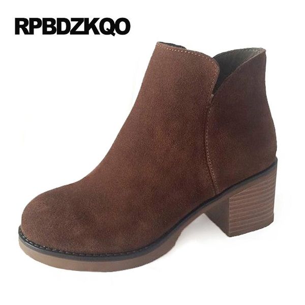 

boots chinese high heel short chunky shoes autumn booties women ankle 2021 round toe fall suede brown ladies female, Black
