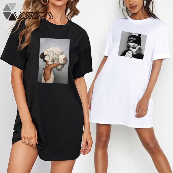 

propcm fashion plus size women summer dresses elegant beauty print short sleeve t shirts casual loose mini woman dress tee vestido mujer rob, Black;gray