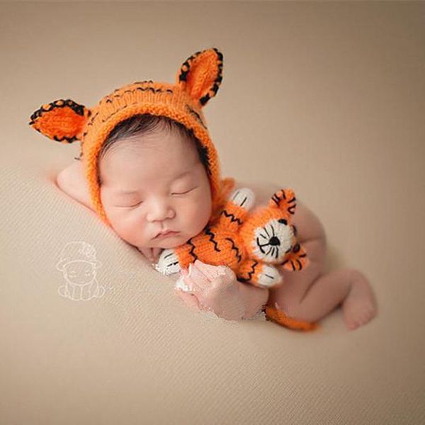 

born pography props soft mohair tiger hat+doll set baby boy po shoot infant crochet hat fotografia accessories caps & hats, Yellow
