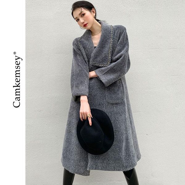 

women's wool & blends winter cashmere coats for women fashion big turn down collar thick warm gray woolen long, Black
