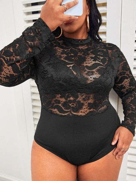

plus solid lace bodysuit without bra k9ip#, Black
