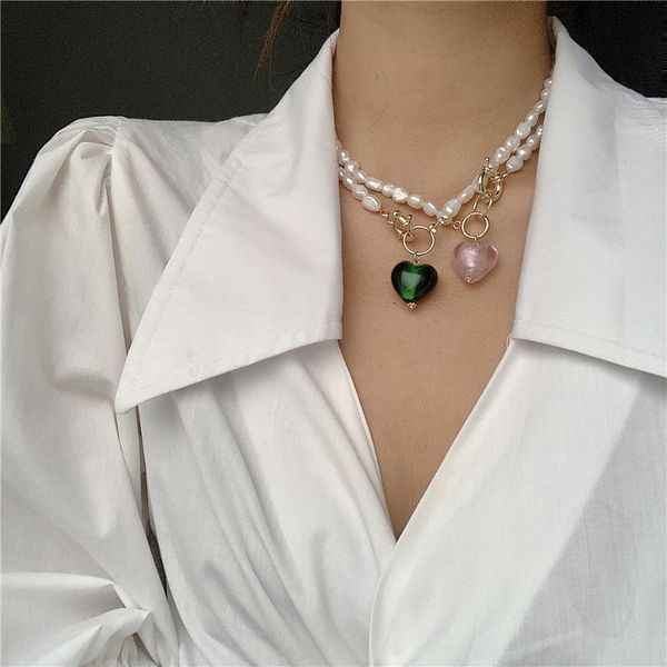 

handmade pink blue green glasss heart pendant necklaces for women girls irregular simulated pearl chain chokers necklace jewelry, Silver