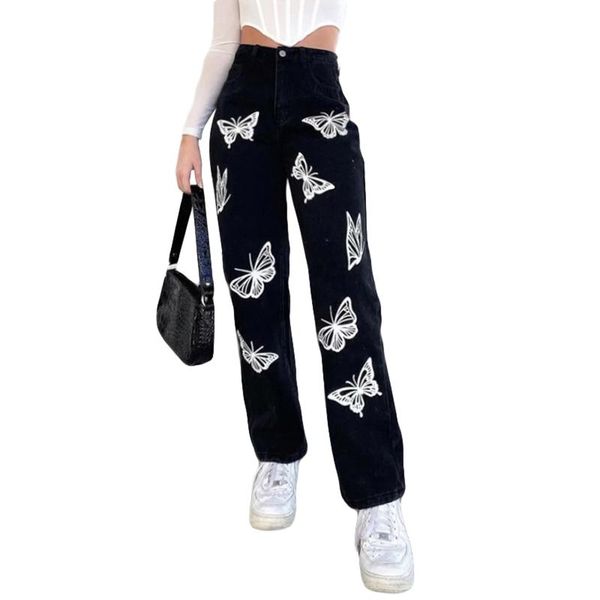

women's jeans women fashion high waist butterfly print stylish casual straight leg pants, Blue