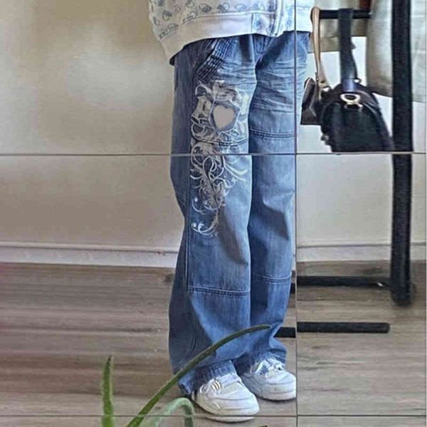 

Women's Jans Y2k uropu amricano rua simpls imprssão d cintura baixa botão jans fminino casual solto fino prna larga calças d prna rta 8Y0N, Blue