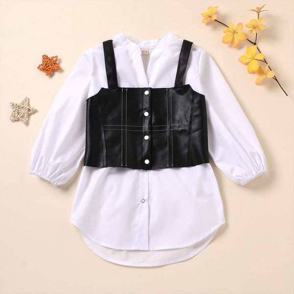 

teenster fall clothes for kids fashion long sleeve blouse with leather vest korean toddler girls costume spring children outfits, White;black