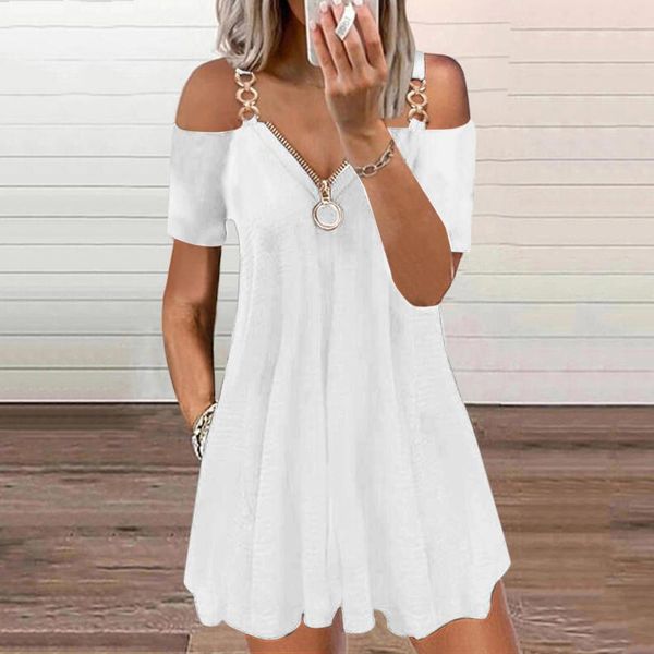 

casual dresses zipper v-neck mini dress off shoulder loose female summer pure color backless party, Black;gray