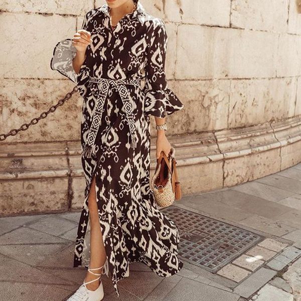 

casual dresses 2021 women vintage printleisure fashion bohemian holiday loose split long dress, Black;gray