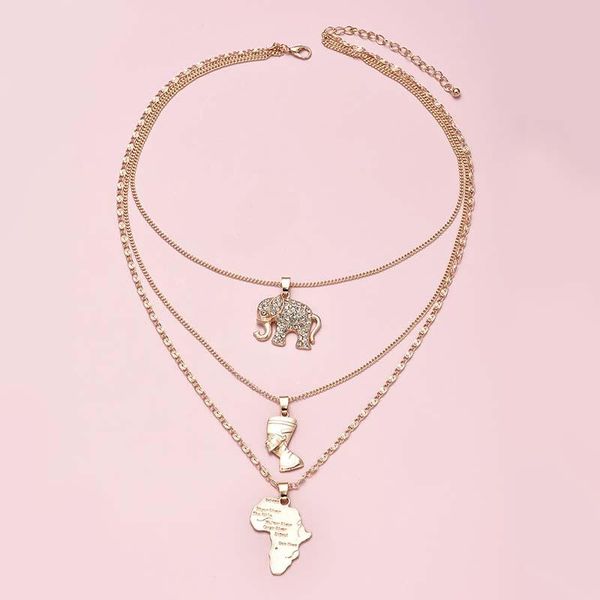 

pendant necklaces vintage multilayer chain elephant africa map necklace for women jewelry gifts, Silver