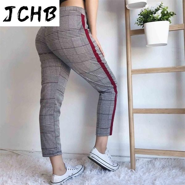 

plaid skinny pencil long pants side patchwork stripe streetwear casual elastic waist sport cropped trousers slim sweatpant femme women', Black;white