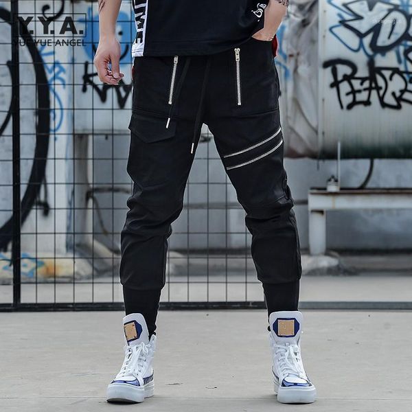 

men's pants hip hop cargo men zipper multi-pocket elastic waist black casual trousers streetwear slim fit harajuku mens pencil