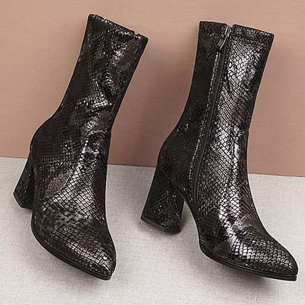 

boots woman european style snake pattern middle-tube plus size ladies shoes warm-keeping autumn winter womens square heel, Black