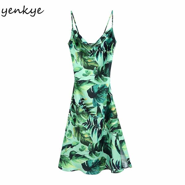 Sommer Frauen Grün Tropical Print Sling Langes Kleid Weibliche Ärmellose Seitenschlitze Sommerkleid Sexy Vestido 210430