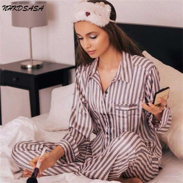 

summer pajamas for women satin silk striped sleepwear 2 pieces set sleep pants pjs ladies night wear loungewear home suit 211116, Black;red