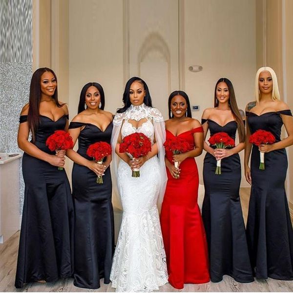 

2021 black bridesmaid dresses satin off the shoulder mermaid floor length custom made maid of honor gown country weddinng guest formal wear, White;pink