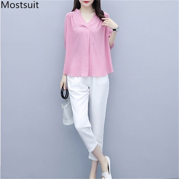 

summer pink cotton linen two piece sets outfits women v-neck shirt + white pants suits casual fashion korean female 210513