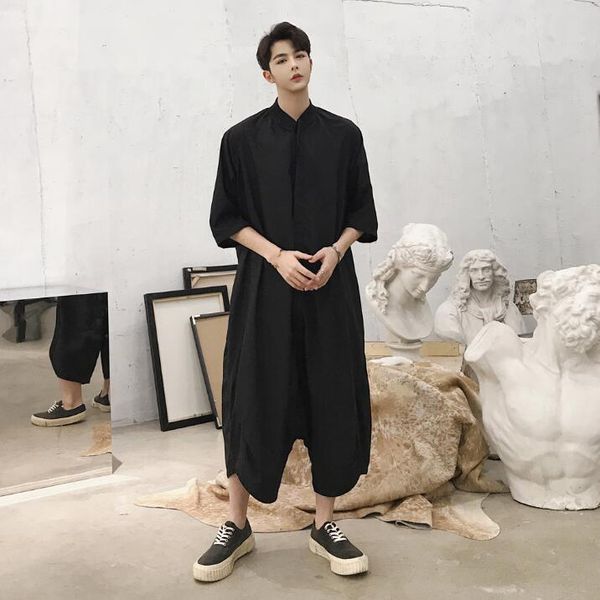 

men's pants spring fashion catwalk style silhouette straight loose casual hair stylist jumpsuit male hipster overalls, Black