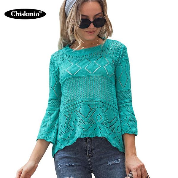 

solid color hollow knitting office ladies sweater three-quarter sleeve o-neck knitted jumper women's pullover sweaters, White;black
