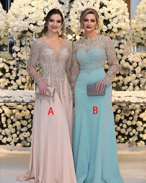 Luxurious Bead Crystal Sequins Mother of the Bride Dresses Long Sleeves V Neck Pink Plus Size Formal Party Prom Gowns