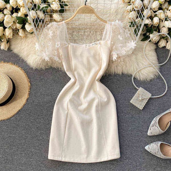 

korean vintage dress v-neck puff sleeves mini dress for womens three-dimensional flower mesh stitching slim dress vestidos y1204, Black;gray