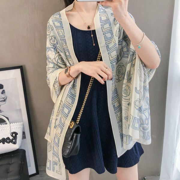 

women's spring and summer lightweight scarf seaside vacation sunscreen gray blue shawl beautiful printing silky breathable shawl, Blue;gray