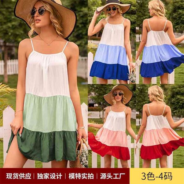 

summer stitching contrast color vest suspender dress women fashion off shoulder sleeveless loose a-line 210517, Black;gray