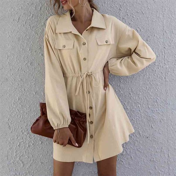 

winter vintage casual 100% cotton dress women autumn fashion simple double pocket buckle waistband shirt dress women 210508, Black;gray