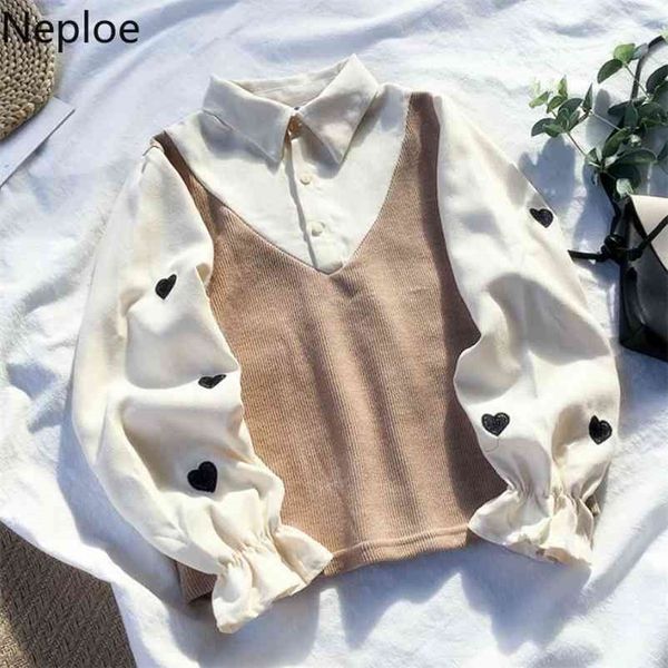 

neploe japan harajuku style fake two piece blouse love embroidery long sleeve shirt patchwork corduroy blusas spring autumn 210323, White