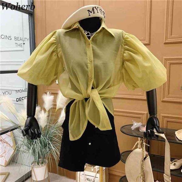 

puff short sleeve shirt women turn-down collar summer loose blusas korean blouse see through temperament vintage 210422, White