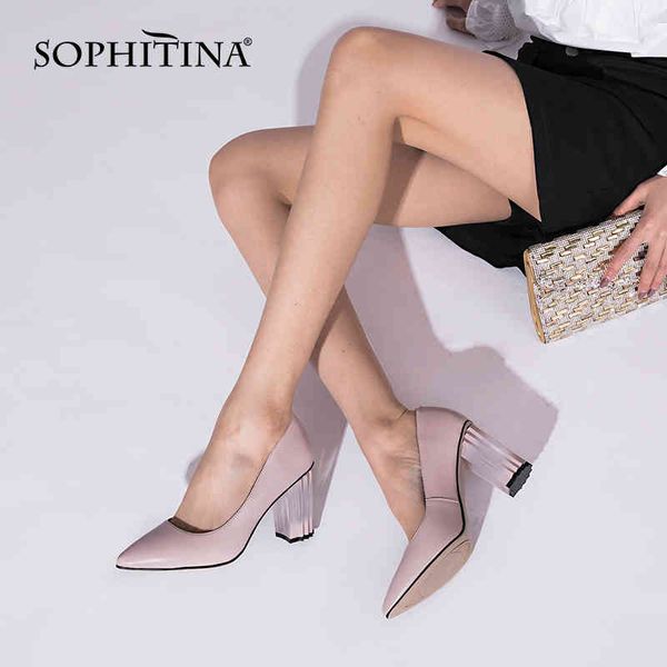 Sophitina mulheres bombas rosa saltos azuis sapatos de couro de pele de carneiro de pele transparente 8,5 cm mais tamanho 36-43 elegante senhora sapatos c942 210513