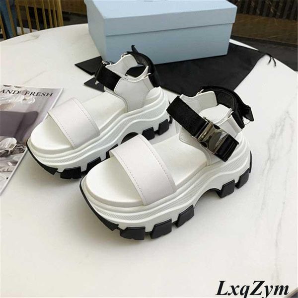 

sandals summer thick sole women brand design wedge platform cow leather shoes woman metal decor casual, Black