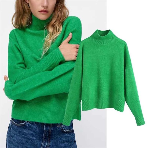 

za autumn winter women knitted sweater half high collar warm pullover solid loose long sleeve casual street outwear 211011, White;black