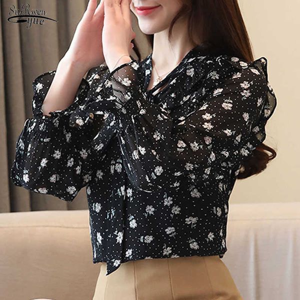 

v-neck women blouse black shirt women elegant fashion chiffon blouse autumn long sleeve korean office lady blusas 10532 210527, White