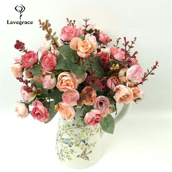 

wedding flowers lovegrace artificial silk flower 21 heads retro rose diy bridal bouquet burgundy home party room decor fake