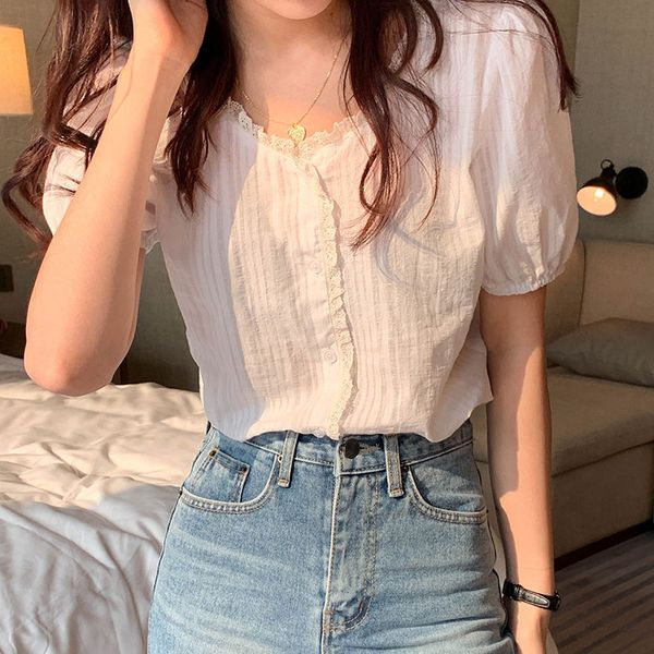 

2 colors femme womens 2021 summer korean ins style puff short sleeve shirt women blouses outwear coats (x1422), White