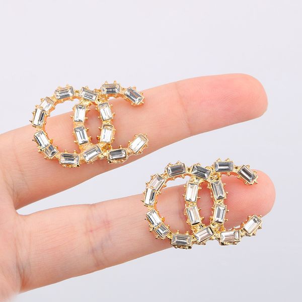 

brand designer simple new women luxury glass crystal rhinestone metal double letter earrings dangle chandelier for girls lovers jewelry whol, Silver