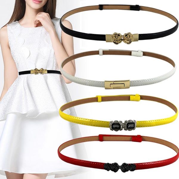 

belts style thin adjustable belt pu leather black dress students women waistbands yellow metal buckle gifts, Black;brown