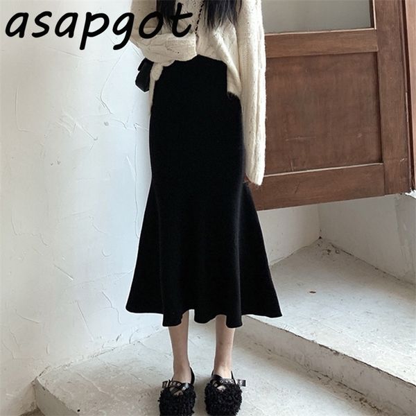 

autumn new temperament high waist black mermaid skirts knitted winter slim elegant apricot mujer faldas fashion chic wild 210319