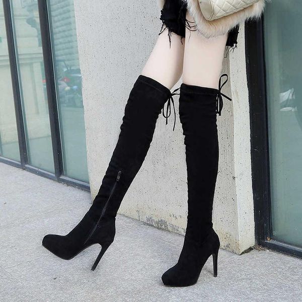 

boots 2021 winter slim high women's plush heel thin pointed side zipper knee, Black