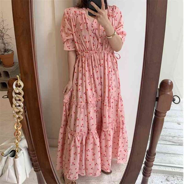 

[ewq] women pleated ruffles print long dress new v-neck half puff sleeve loose casual fashion tide spring summer 16f0717 210423, Black;gray
