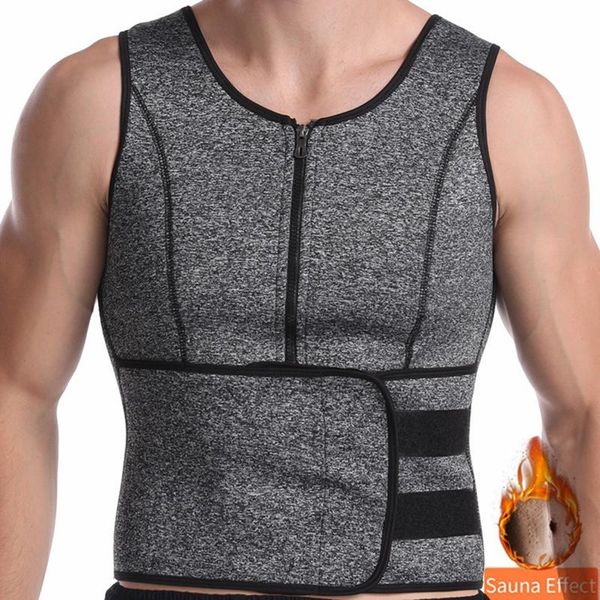 

waist support men body shaper trainer vest sauna suit corset zipper tank slimming workout shirt shapewear protect, Black;gray
