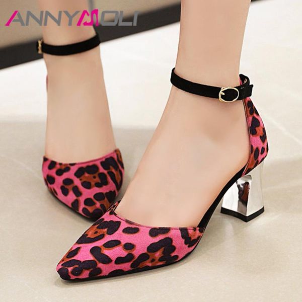 

dress shoes annymoli leopard two piece ankle strap high heels woman thick heel pumps pointed toe footwear female beige yellow size 46, Black
