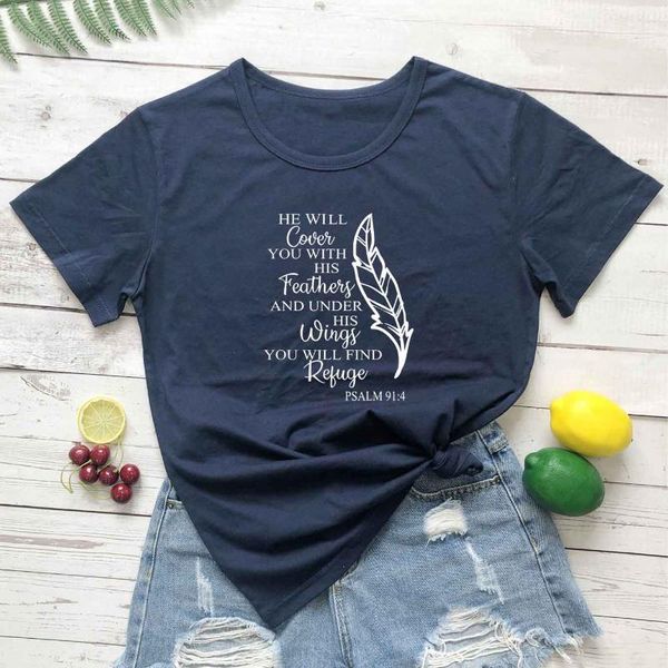 

women's t-shirt christian he will cover you with fears psalm 91/bible verses t shirts cotton casual hipster vintage graphic tees, White