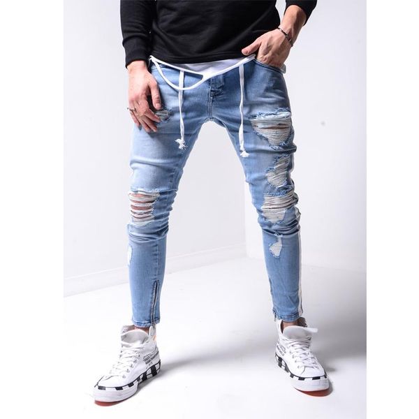 

men's jeans trendy men skinny biker destroyed frayed fit denim ripped pants side stripe pencil hip hop streetwear, Blue
