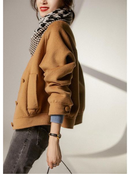 

women's wool & blends [dya461594vg] xiaohan pavilion m family stand collar double-sided woolen jacket short coat autumn winter, Black