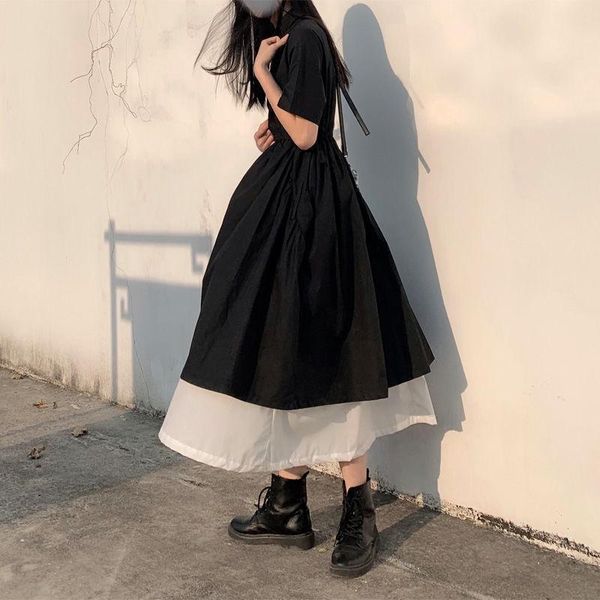 

casual dresses fake-two pieces patchwork turn-down collar dress harajuku buttons slender stylish lace-up women summer short sleeve fairy, Black;gray