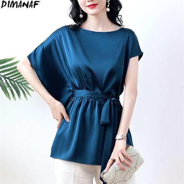 

plus size women t-shirt bat solid patchwork silky irregular shirt loose summer blue belt elegant tees 3xl 210531, White