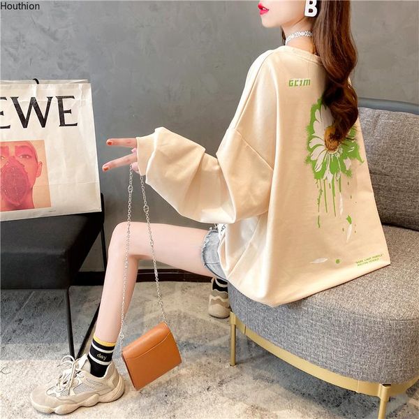 

houthion women's sweater fashion casual temperament loose slim all-match splicing printing o-neck long sleeve women sweaters, White;black